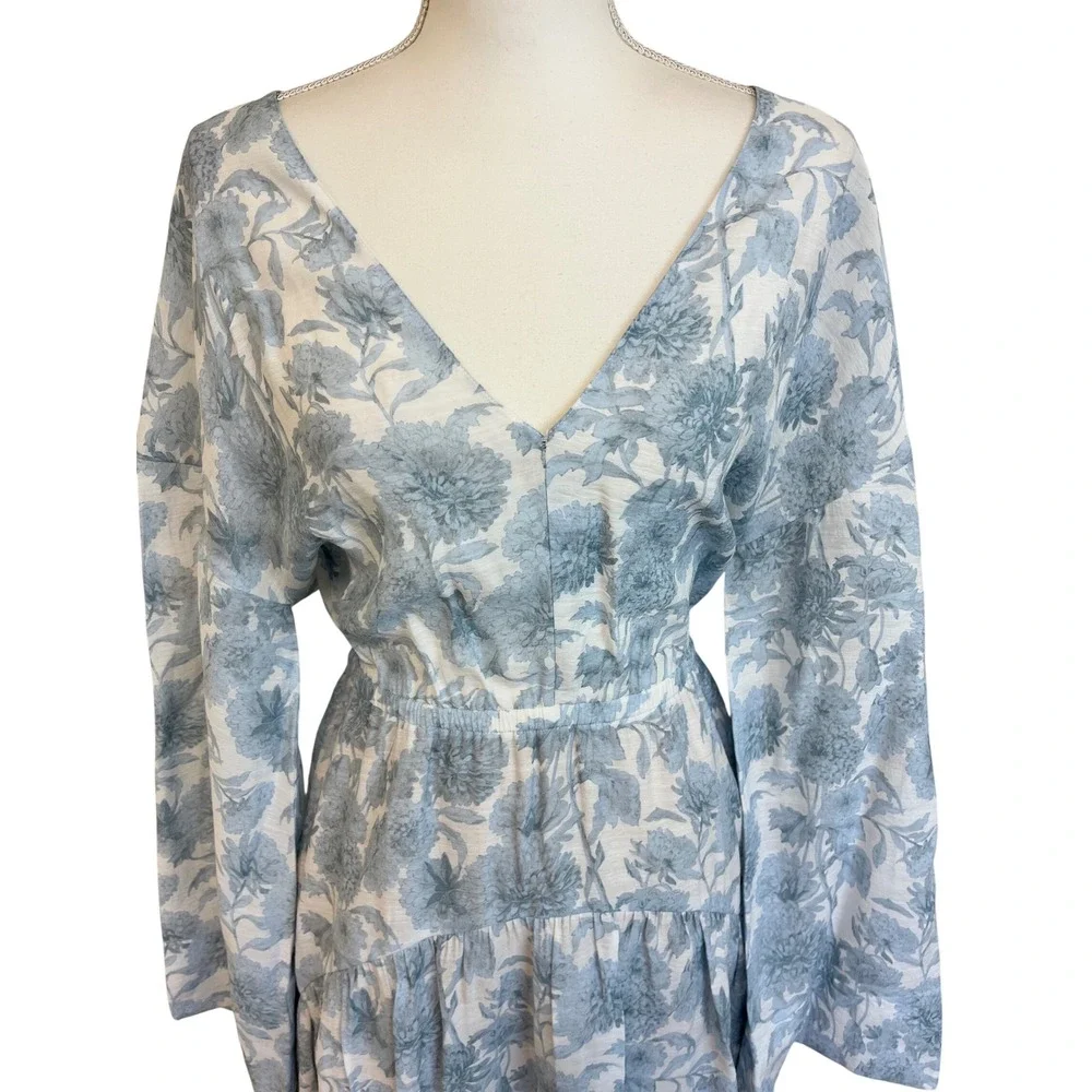 VINCE Dahlia Double V Neck Midi Dress Sz M Blue Floral Cutout Cottage Wedding - Picture 4 of 14